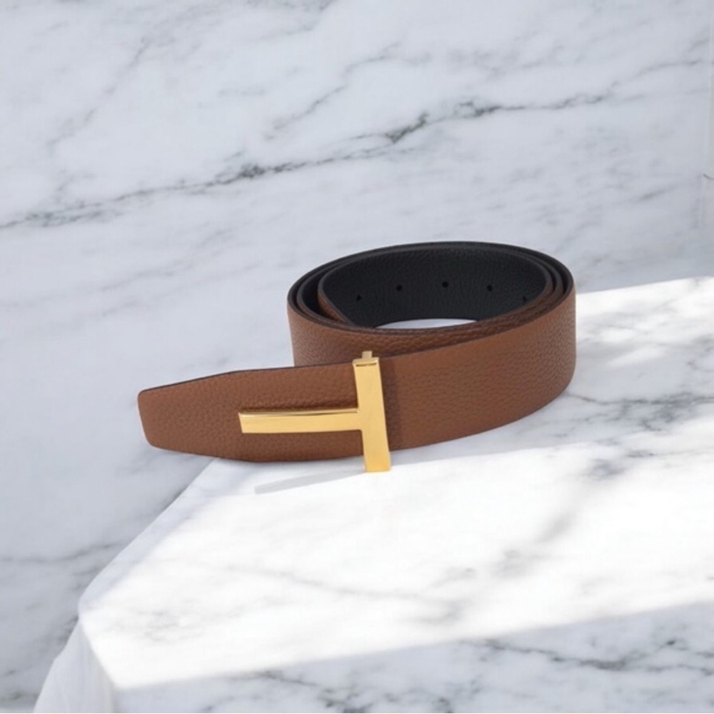 Tom Ford Cognac Leather Belt with Gold T-Bar Buckle